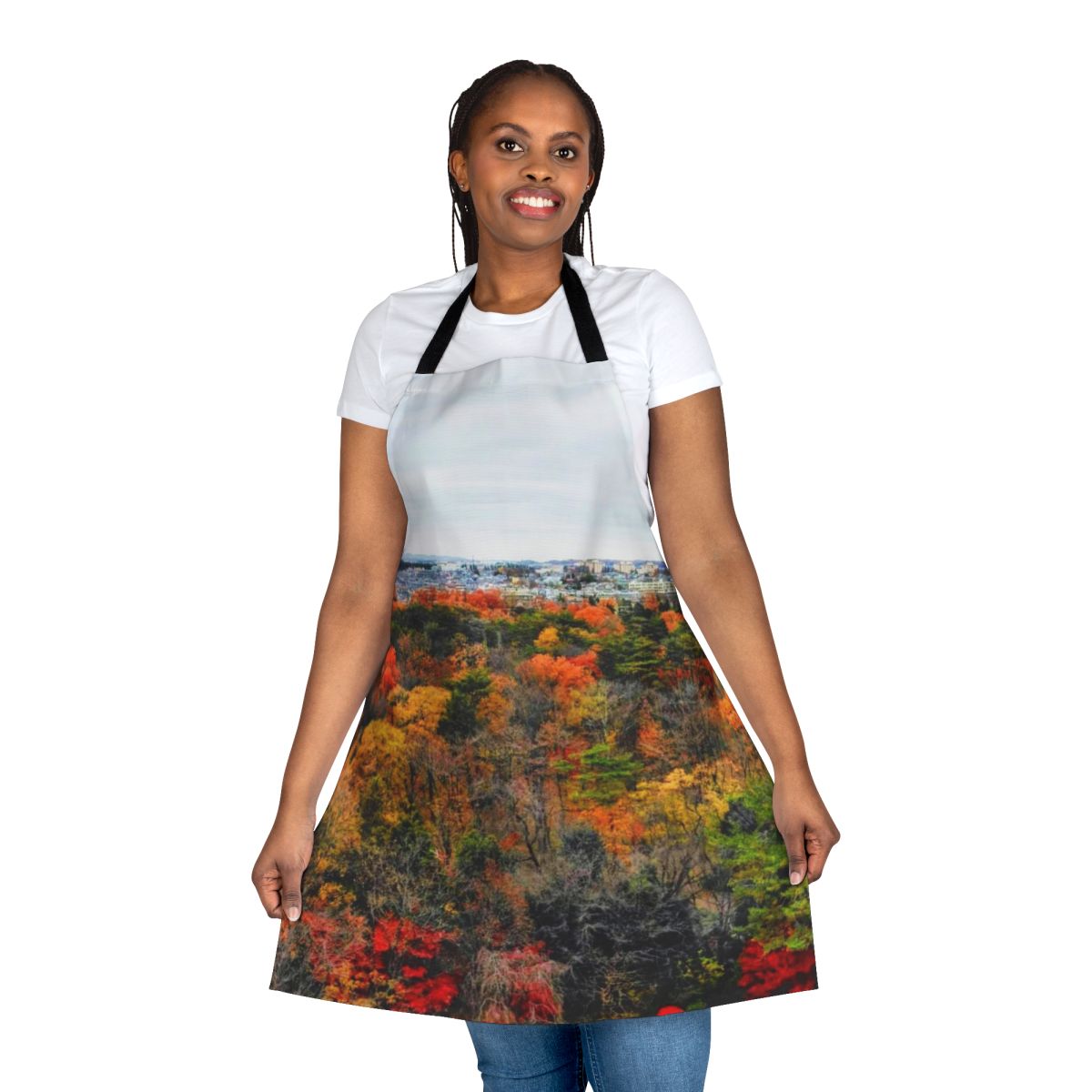 A colorful apron featuring a panoramic view of autumn foliage in Tokyo, Japan.