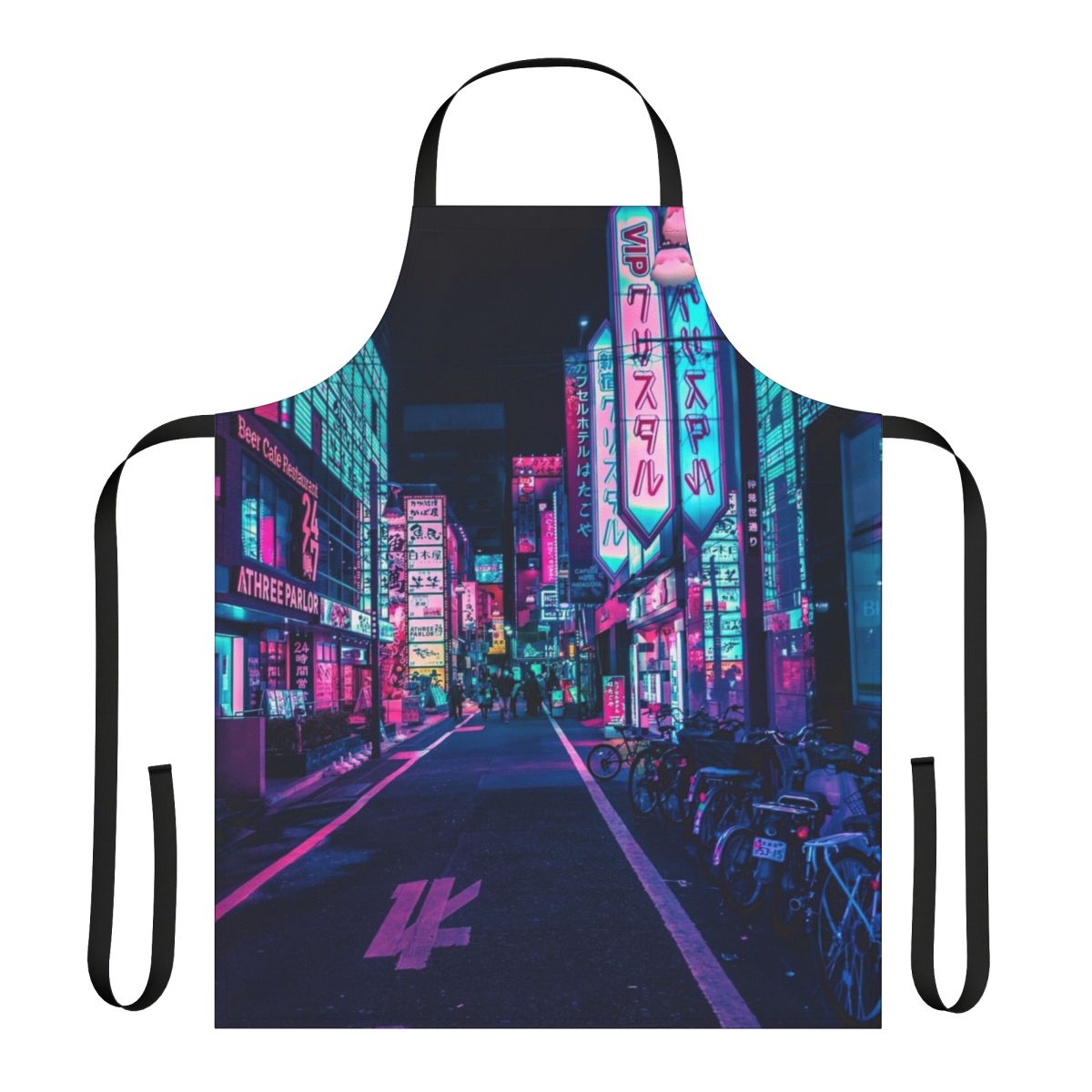 Colorful apron with neon lights and cyberpunk-inspired Japanese aesthetic