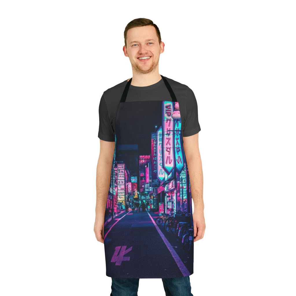 Colorful apron with neon lights and cyberpunk-inspired Japanese aesthetic