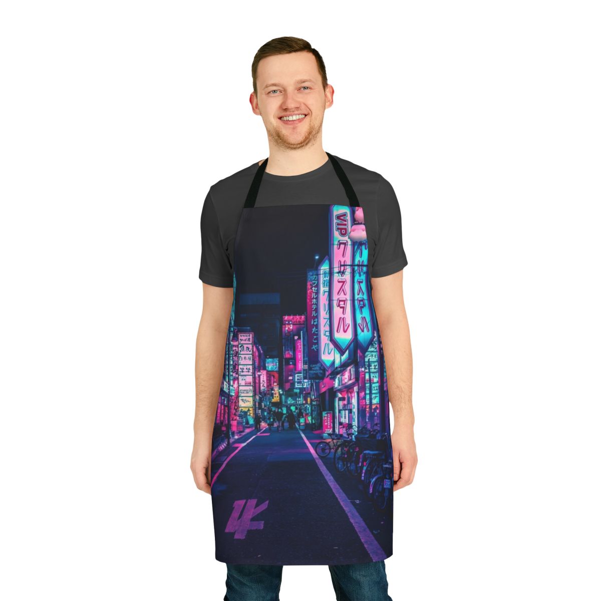 Colorful apron with neon lights and cyberpunk-inspired Japanese aesthetic