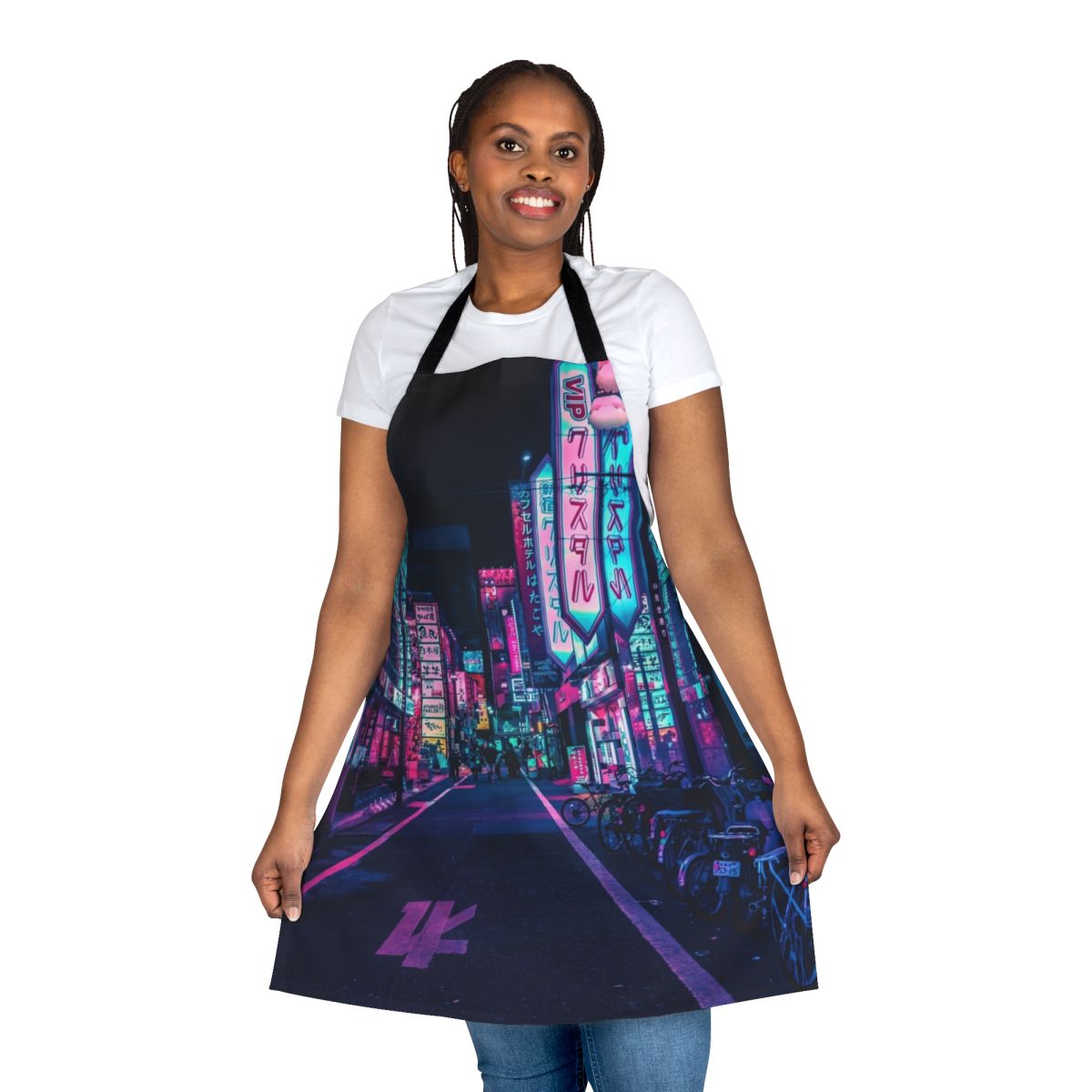 Colorful apron with neon lights and cyberpunk-inspired Japanese aesthetic