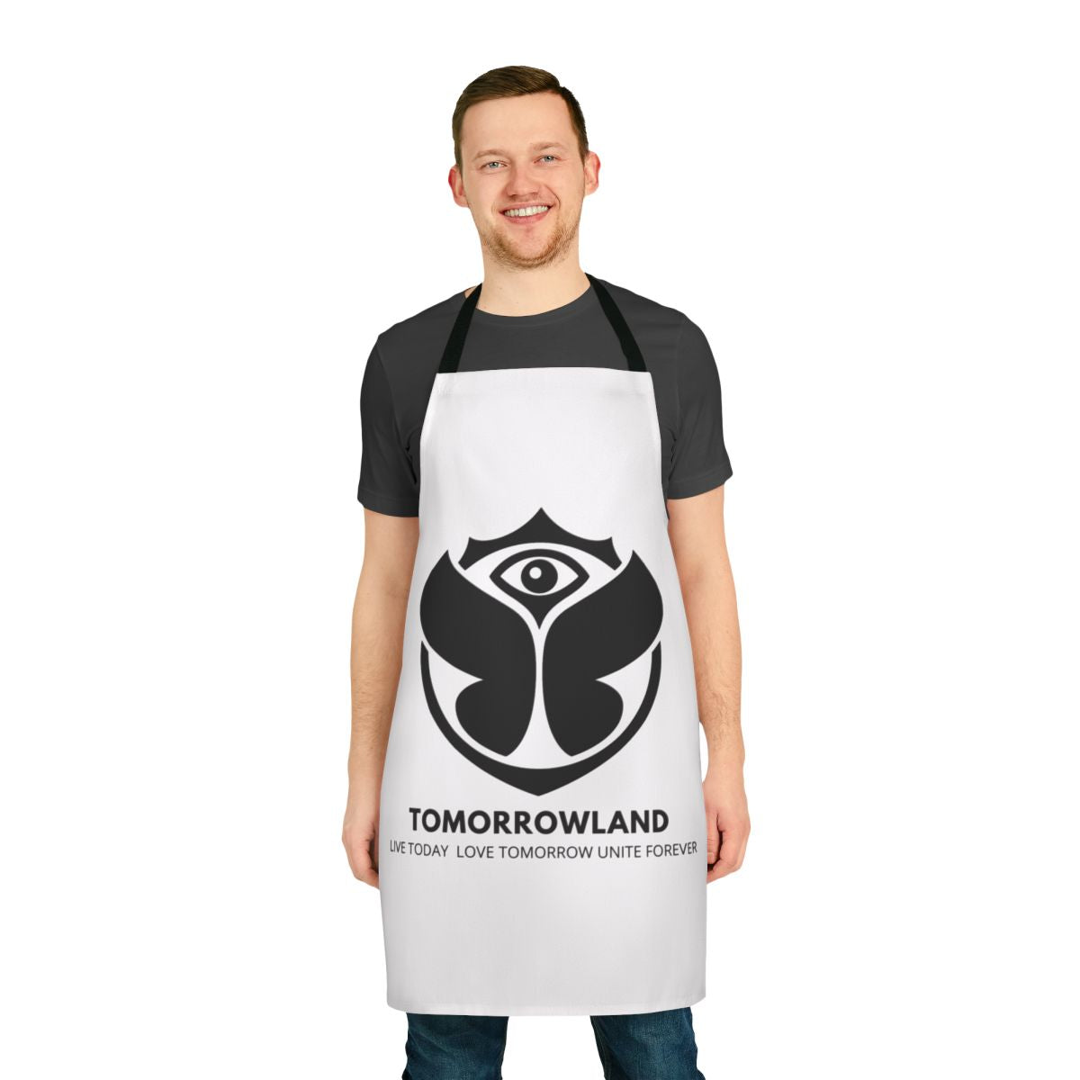 Tomorrowland-themed apron with colorful music-inspired design