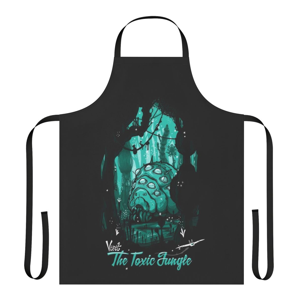Colorful apron featuring a toxic jungle motif with insects and foliage