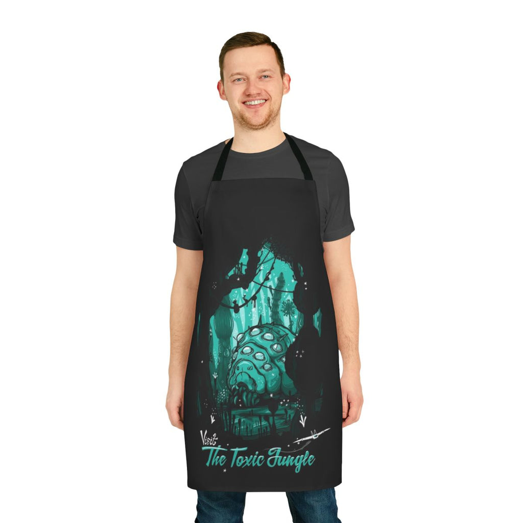 Colorful apron featuring a toxic jungle motif with insects and foliage