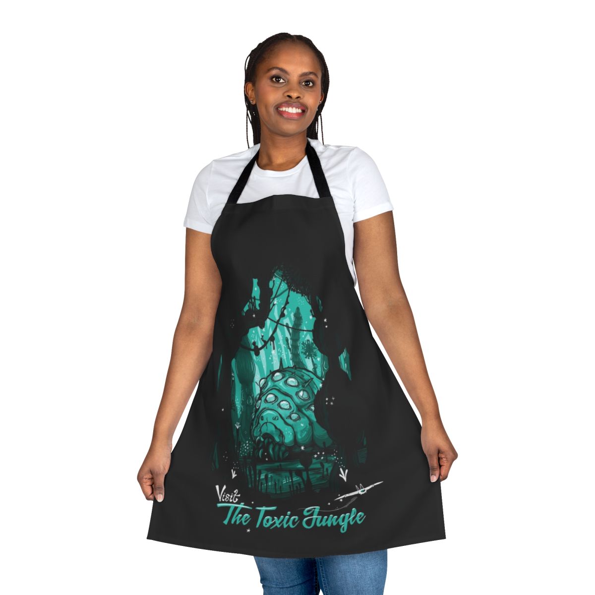 Colorful apron featuring a toxic jungle motif with insects and foliage