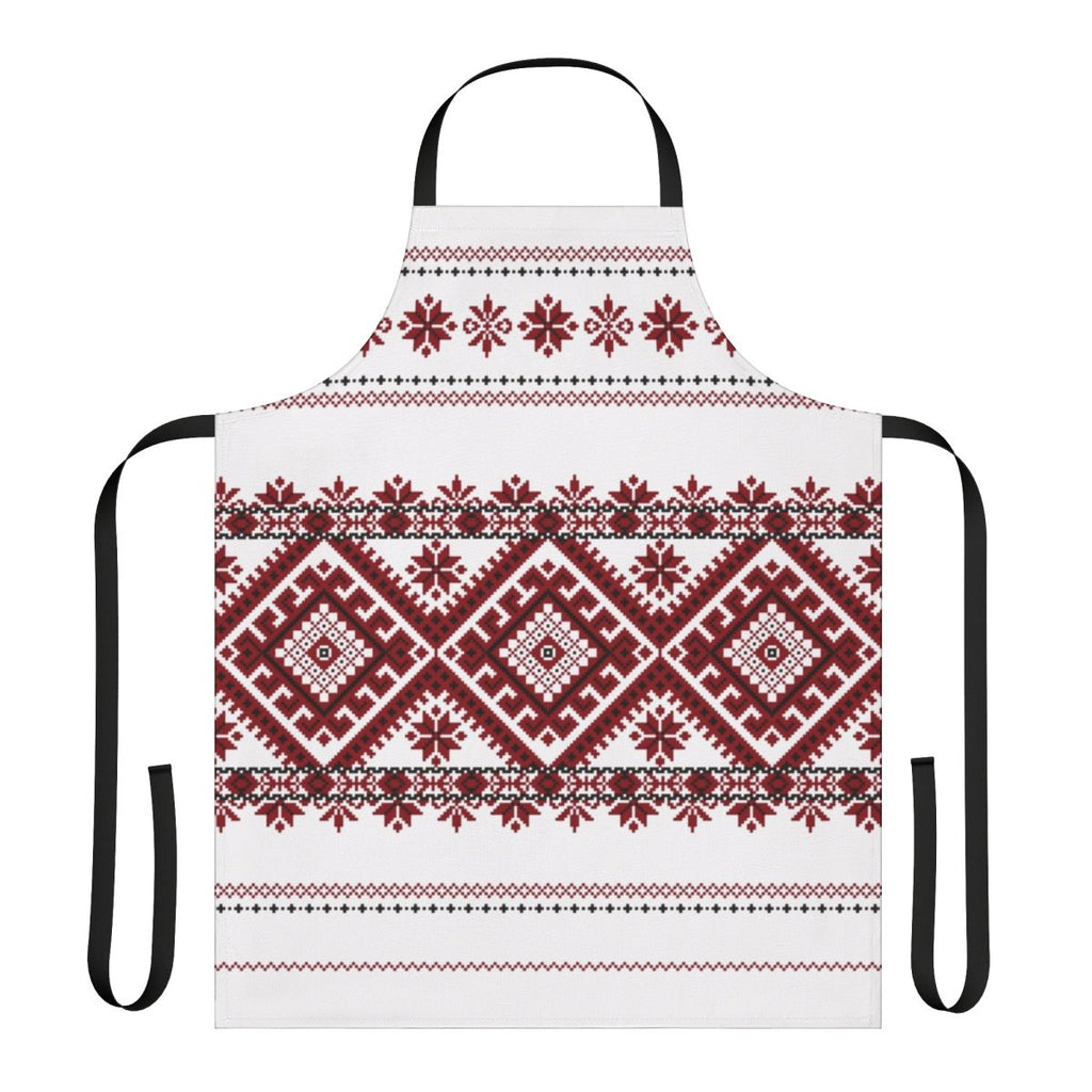 A traditional Romanian-inspired apron featuring a bold geometric motif in red and black.