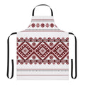 A traditional Romanian-inspired apron featuring a bold geometric motif in red and black.