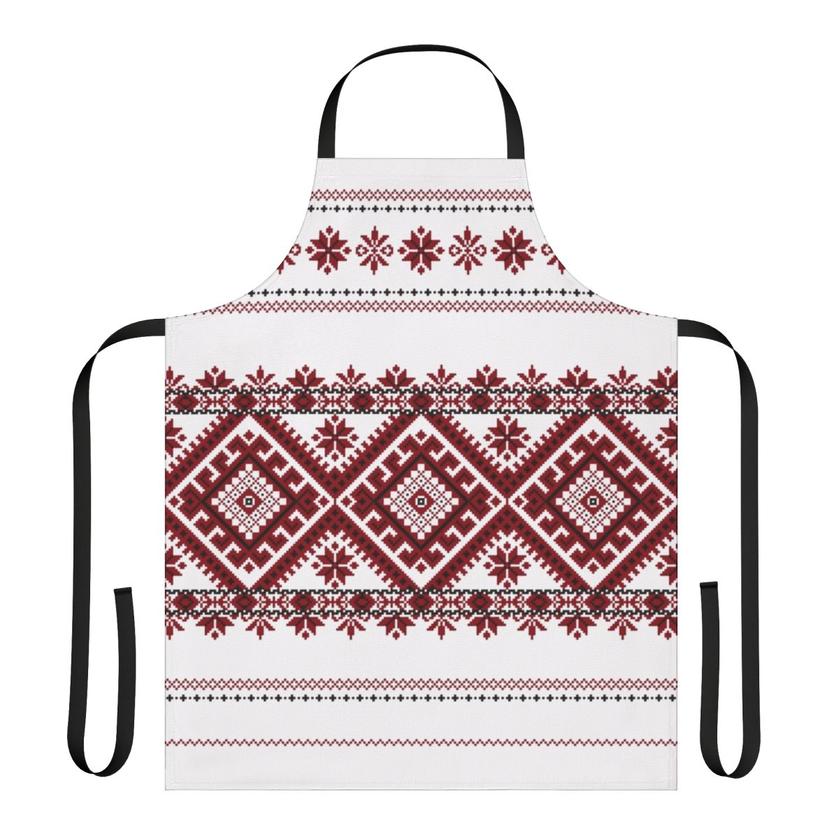 A traditional Romanian-inspired apron featuring a bold geometric motif in red and black.