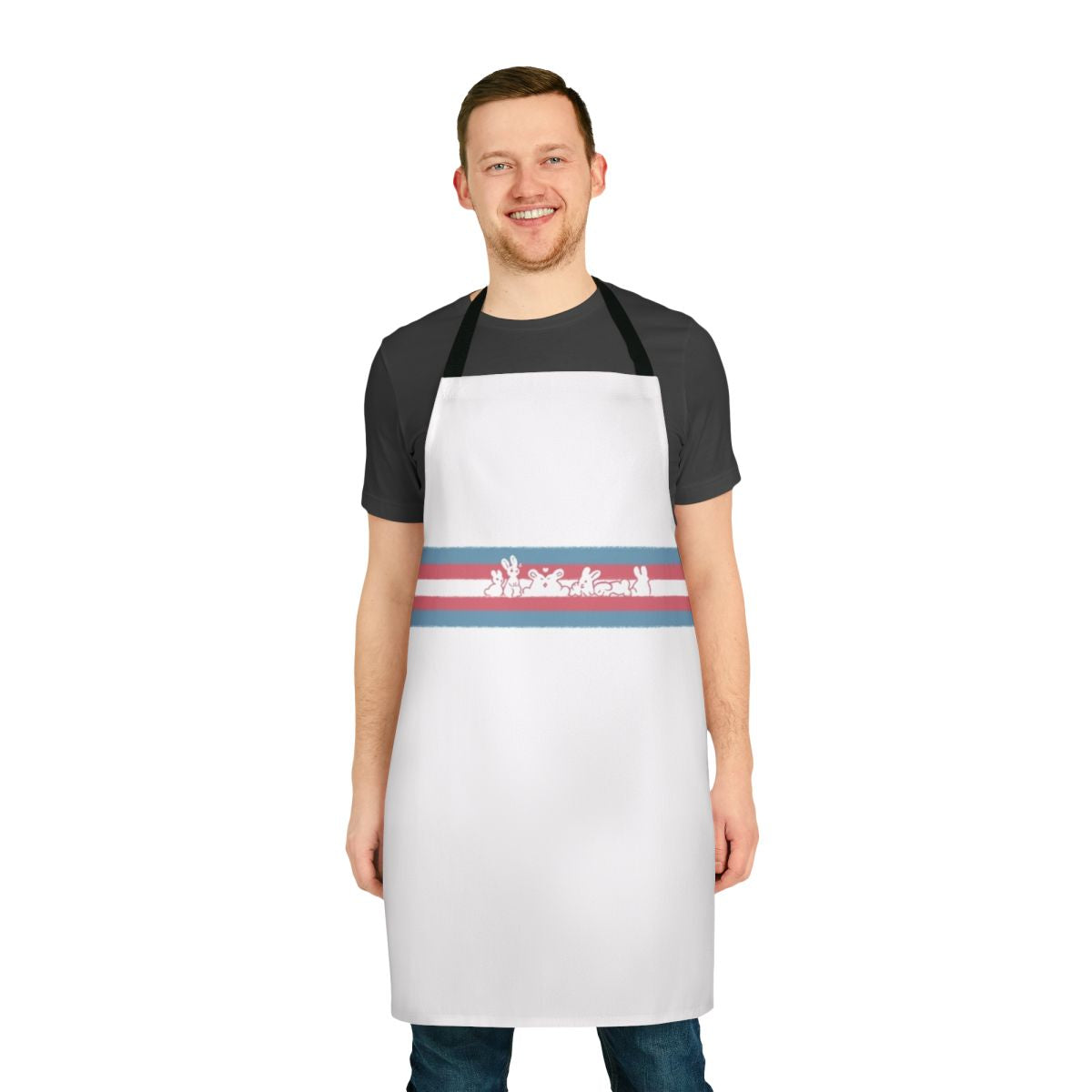 Colorful trans pride flag-inspired apron with a cute bunny design