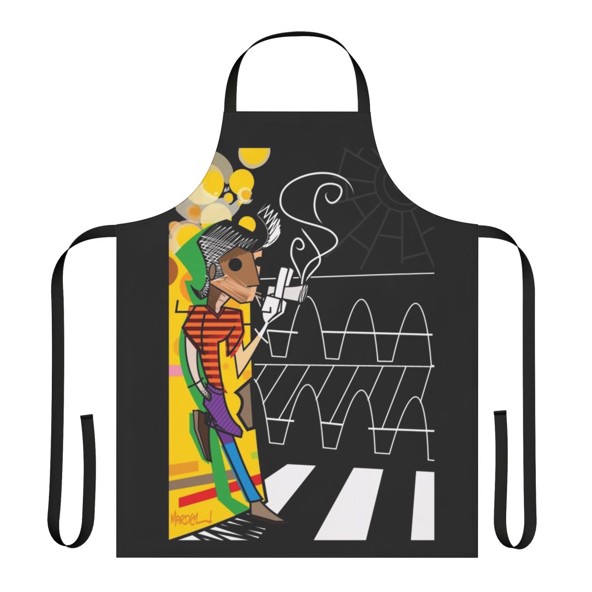 Colorful and whimsical apron featuring a trickster-inspired pop art design