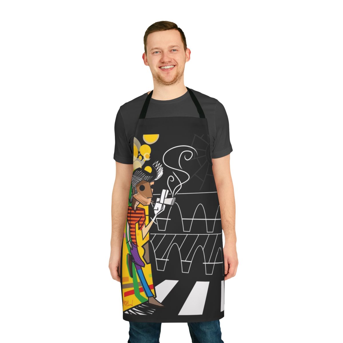 Colorful and whimsical apron featuring a trickster-inspired pop art design
