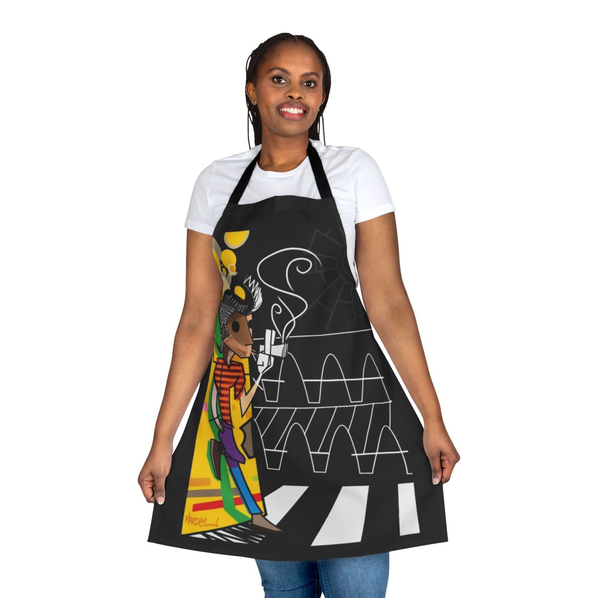 Colorful and whimsical apron featuring a trickster-inspired pop art design