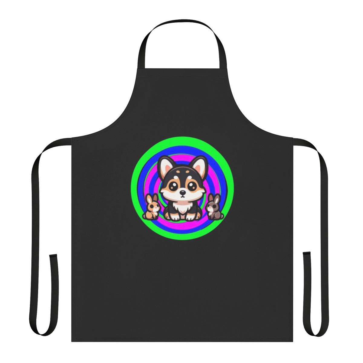 A colorful apron featuring a chibi-style tricolor corgi design alongside cute bees.