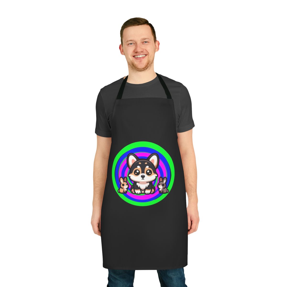 A colorful apron featuring a chibi-style tricolor corgi design alongside cute bees.