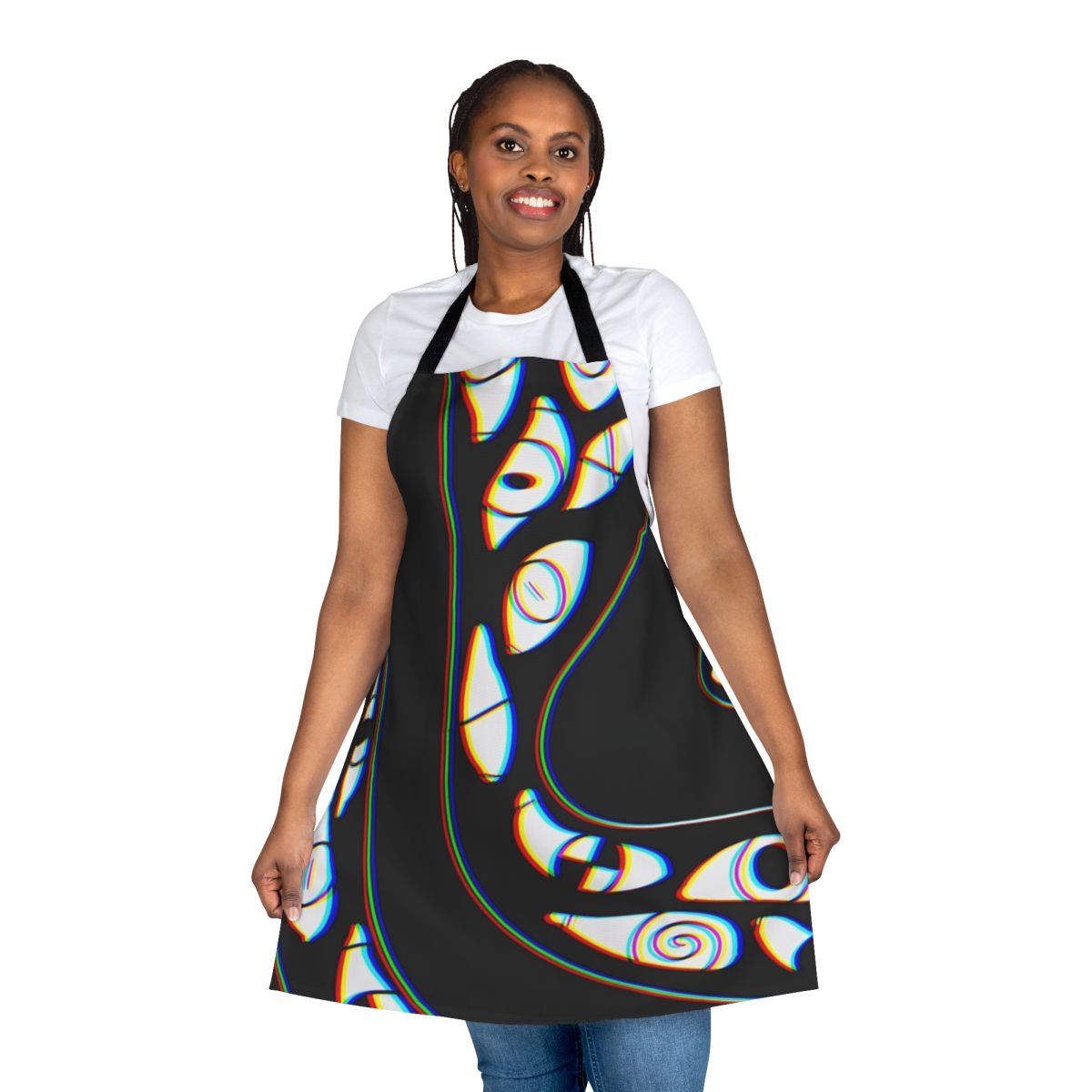 Psychedelic, colorful apron with abstract, trippy eye design