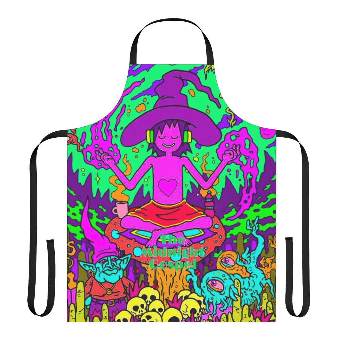 Vibrant, colorful apron featuring abstract, trippy artwork inspired by the Netflix animated series Midnight Gospel