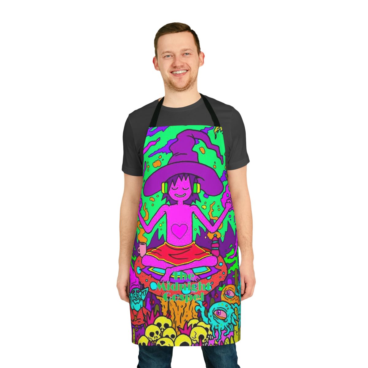 Vibrant, colorful apron featuring abstract, trippy artwork inspired by the Netflix animated series Midnight Gospel
