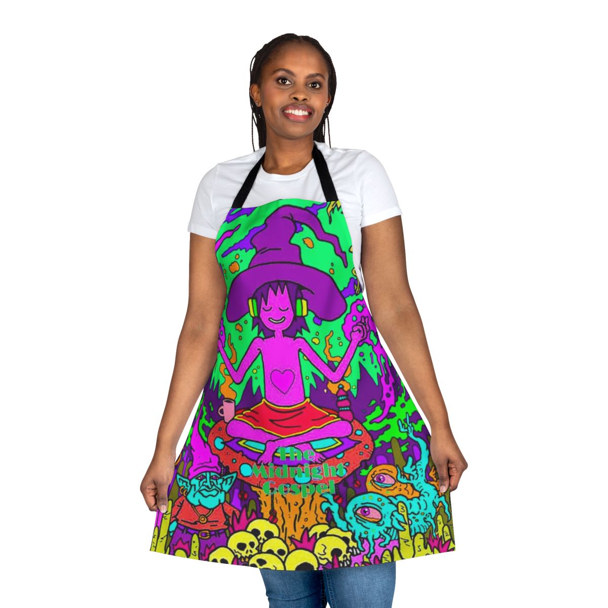 Vibrant, colorful apron featuring abstract, trippy artwork inspired by the Netflix animated series Midnight Gospel