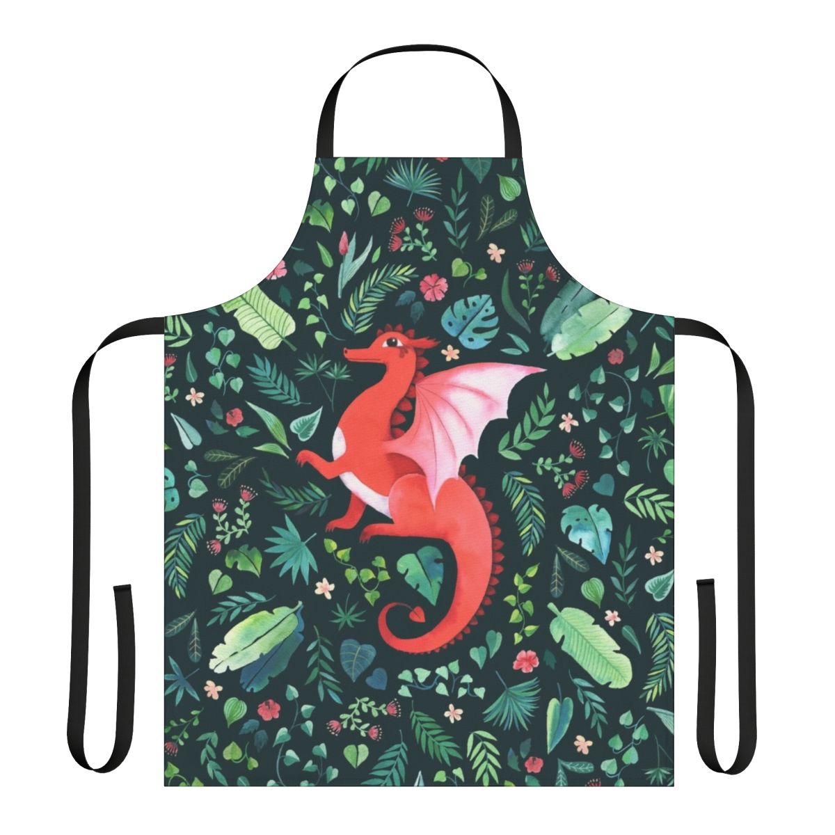 Tropical dragon-themed apron with lush floral and foliage patterns