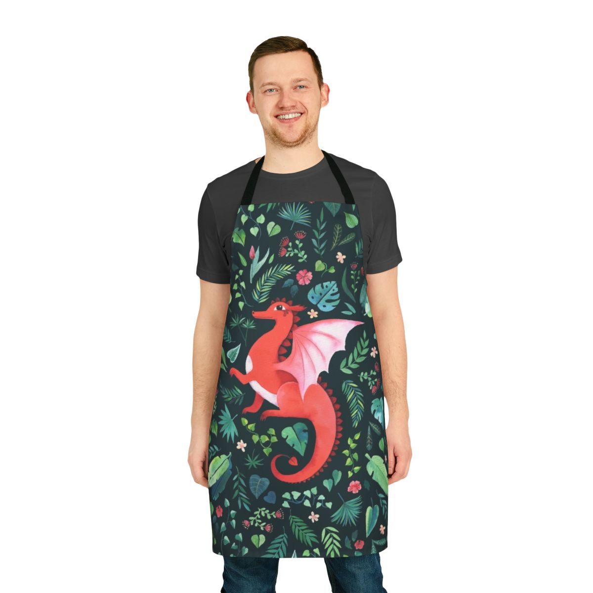 Tropical dragon-themed apron with lush floral and foliage patterns