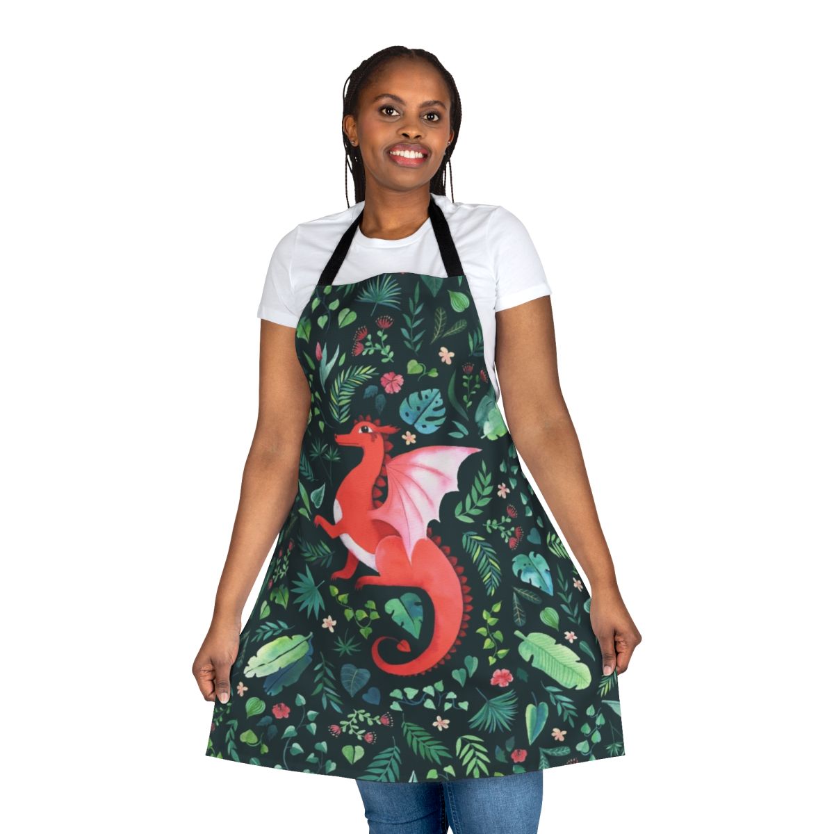 Tropical dragon-themed apron with lush floral and foliage patterns