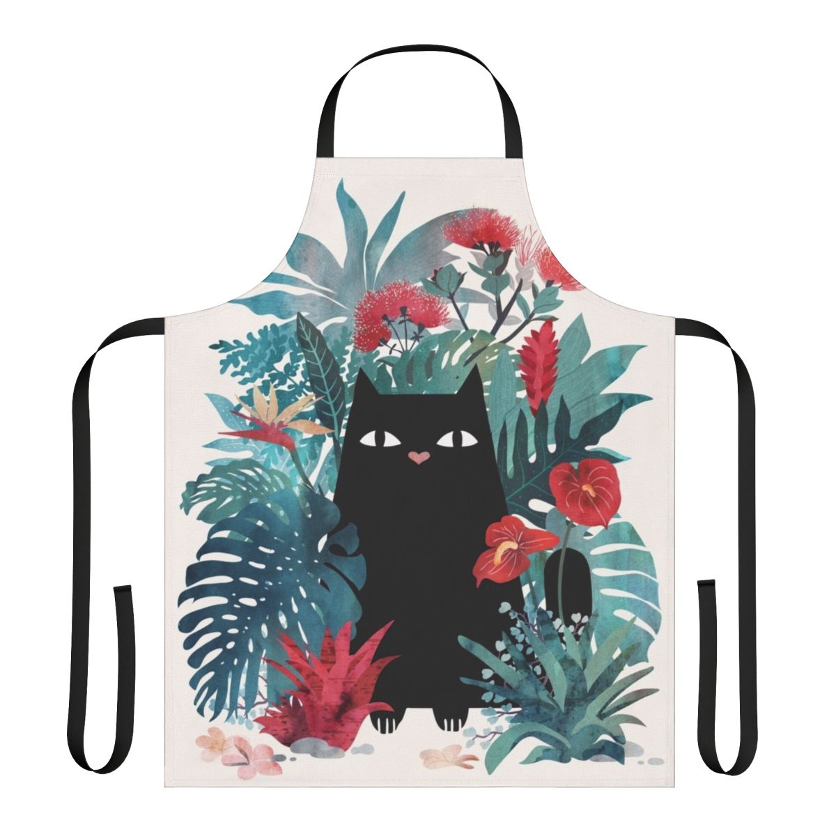 A stylish and functional apron featuring a tropical floral pattern and a playful black cat design, perfect for cooking, baking, or enjoying a Hawaiian-inspired getaway.