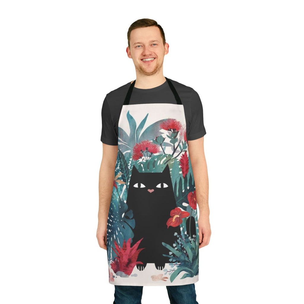 A stylish and functional apron featuring a tropical floral pattern and a playful black cat design, perfect for cooking, baking, or enjoying a Hawaiian-inspired getaway.