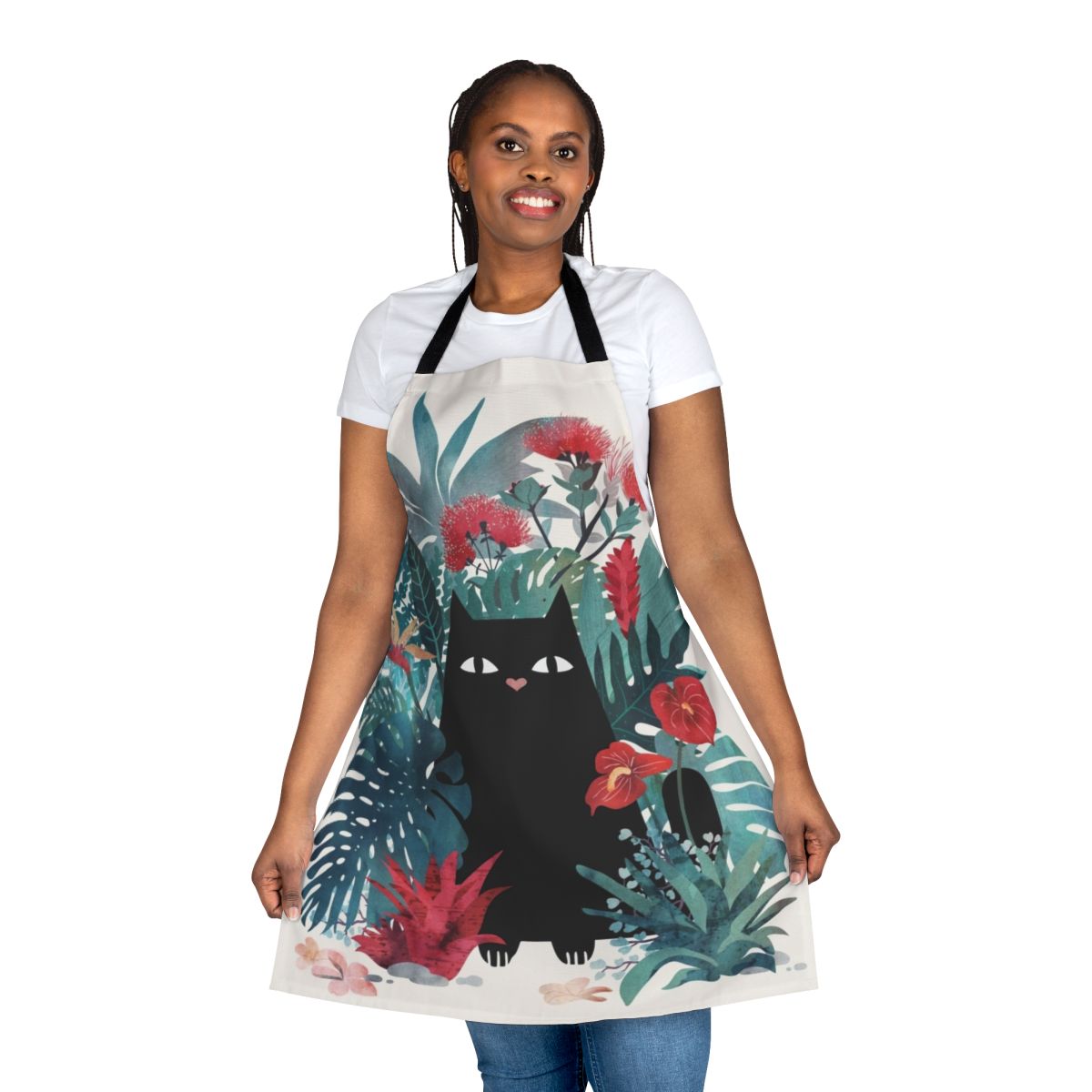 A stylish and functional apron featuring a tropical floral pattern and a playful black cat design, perfect for cooking, baking, or enjoying a Hawaiian-inspired getaway.
