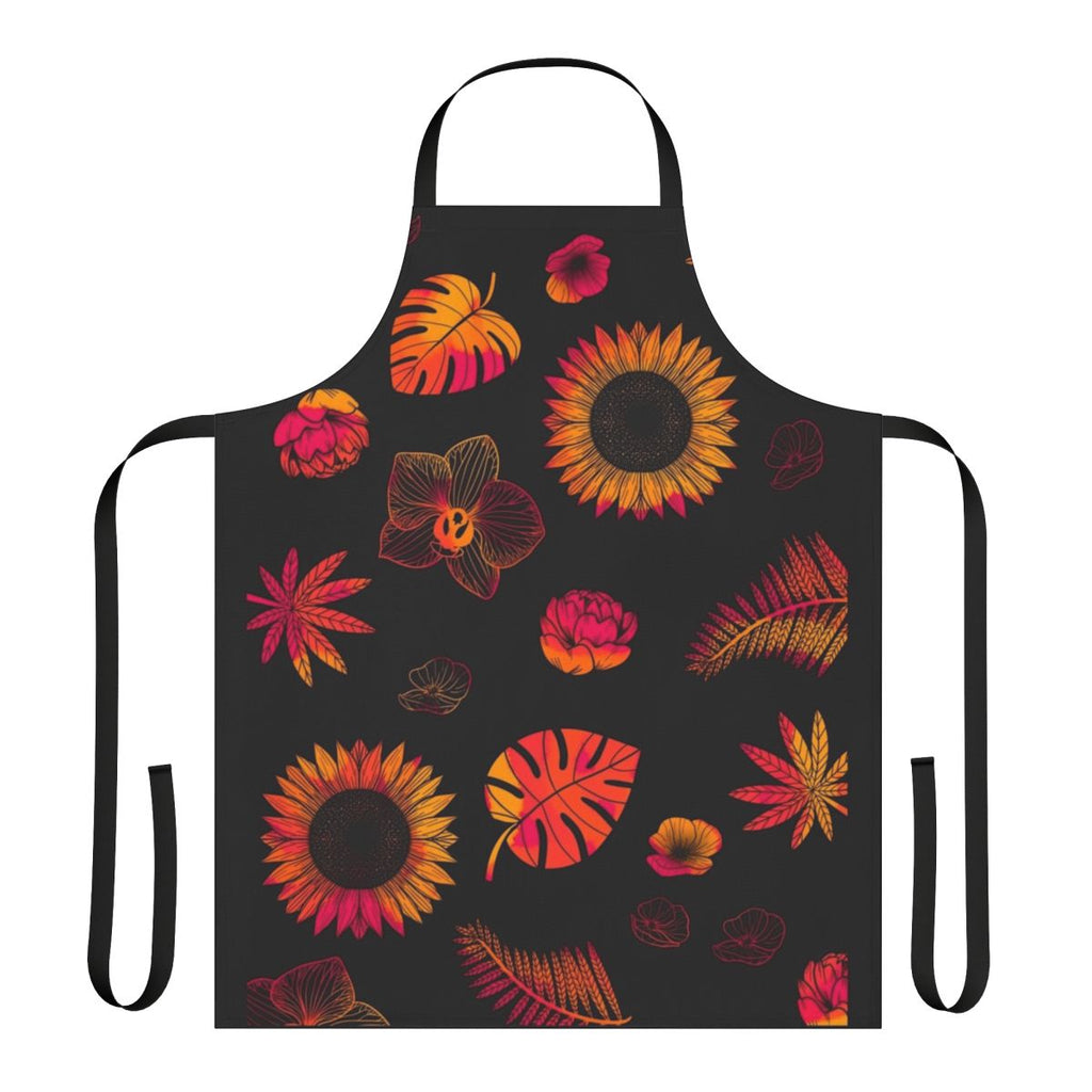 Colorful tropical flowers and leaves printed on a high-quality apron