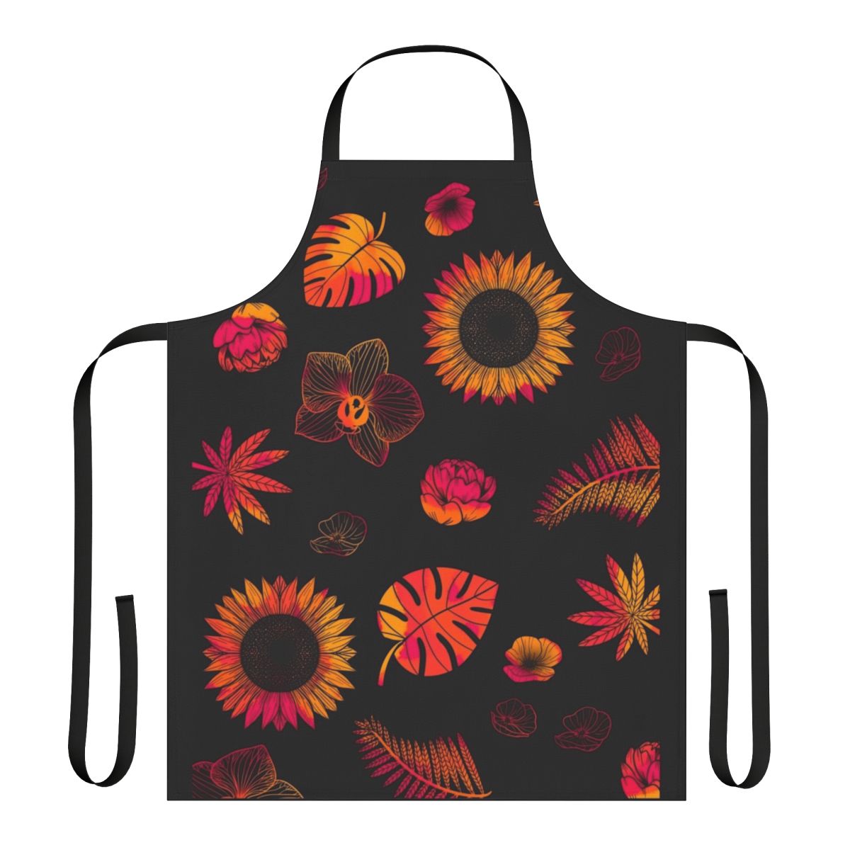 Colorful tropical flowers and leaves printed on a high-quality apron
