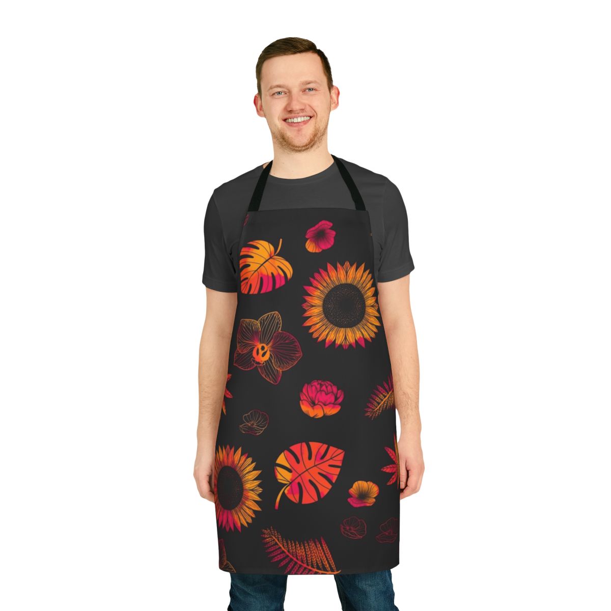 Colorful tropical flowers and leaves printed on a high-quality apron