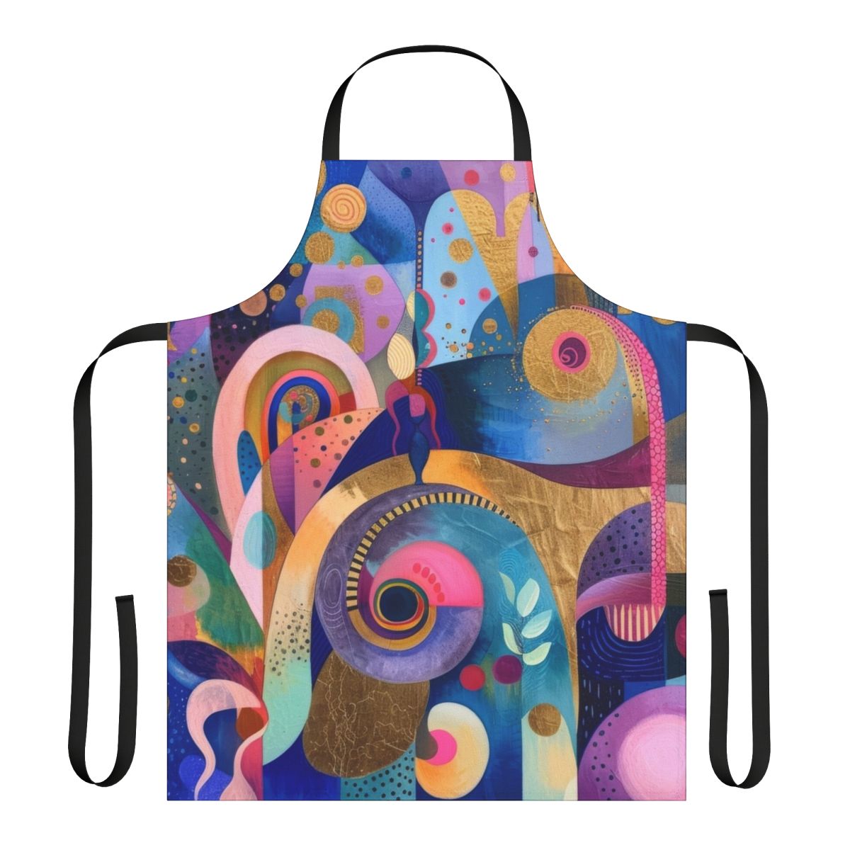 Tropical garden-inspired apron with abstract, colorful botanical patterns and shapes