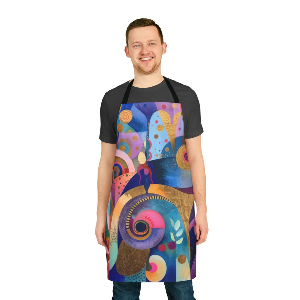 Tropical garden-inspired apron with abstract, colorful botanical patterns and shapes