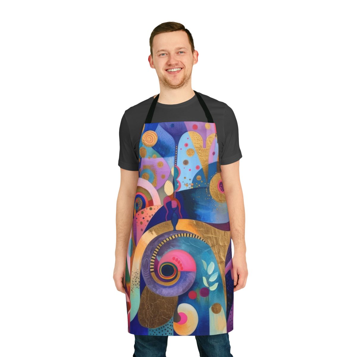 Tropical garden-inspired apron with abstract, colorful botanical patterns and shapes