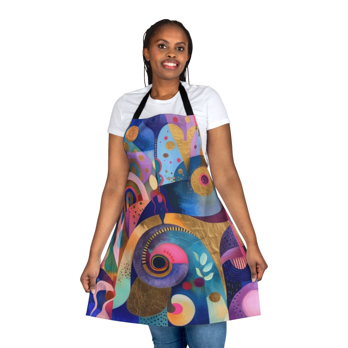 Tropical garden-inspired apron with abstract, colorful botanical patterns and shapes