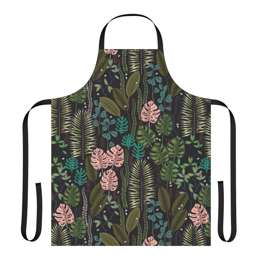 Lush, tropical-inspired apron featuring monstera leaves, palm fronds, and a blend of green, pink, and black