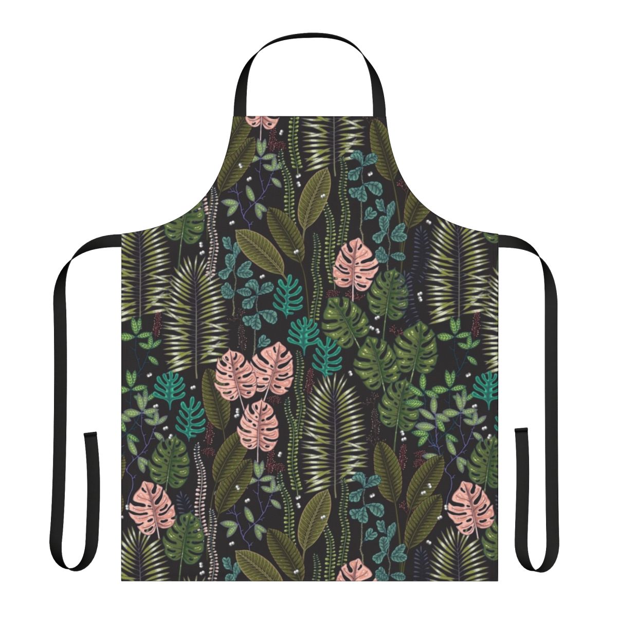 Lush, tropical-inspired apron featuring monstera leaves, palm fronds, and a blend of green, pink, and black