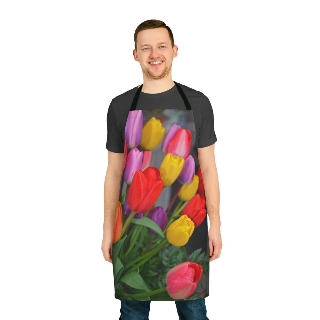 Colorful tulip floral arrangement printed on an apron