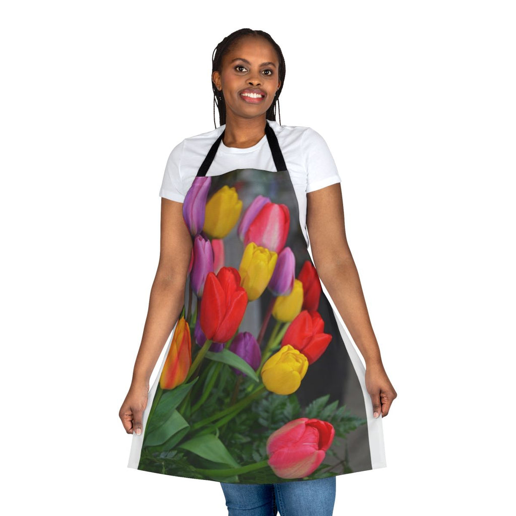 Colorful tulip floral arrangement printed on an apron