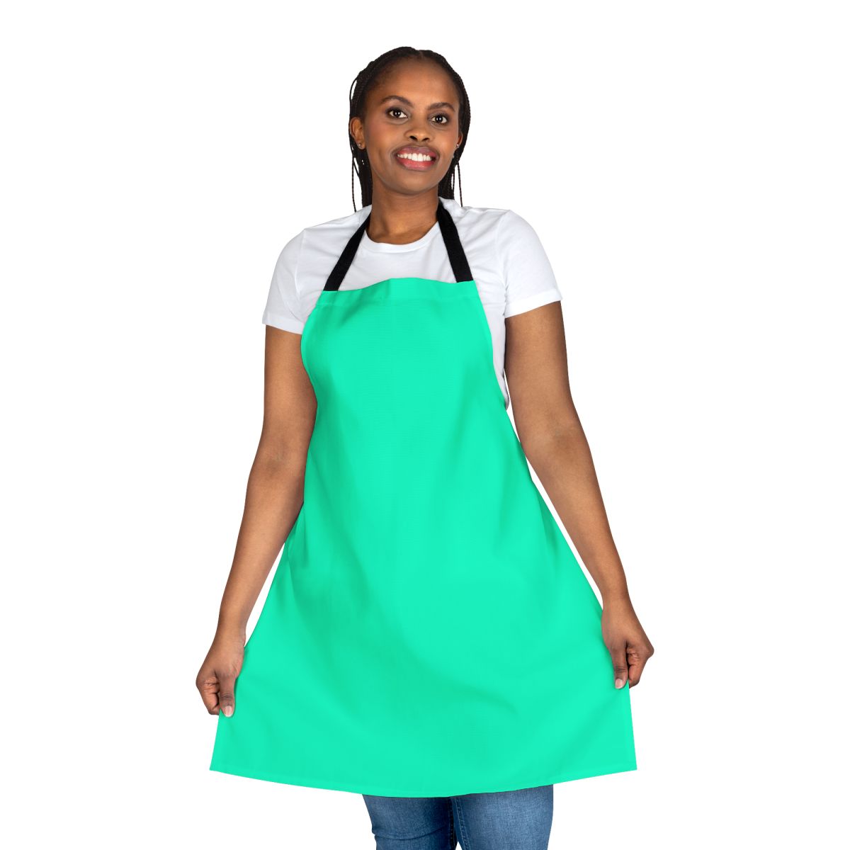Bright turquoise and neon colored apron with a modern, graphic design