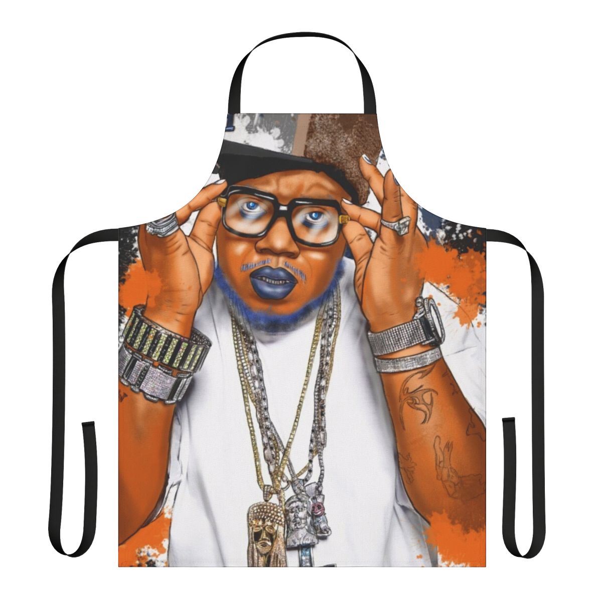 A colorful apron featuring a sketch-style portrait of the famous rapper Twista