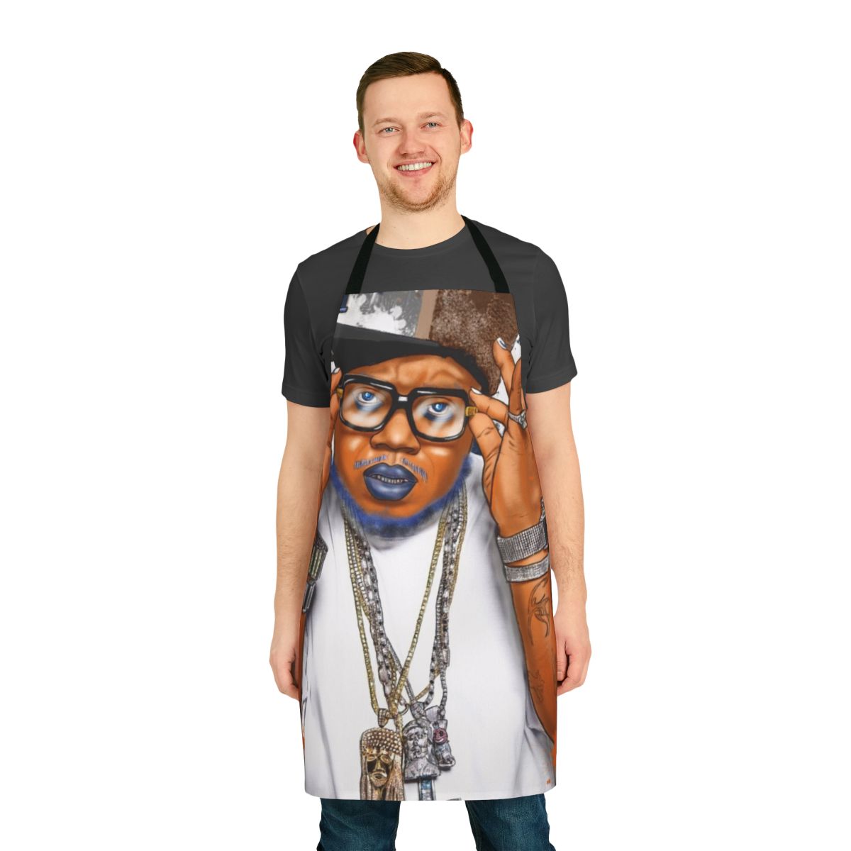 A colorful apron featuring a sketch-style portrait of the famous rapper Twista