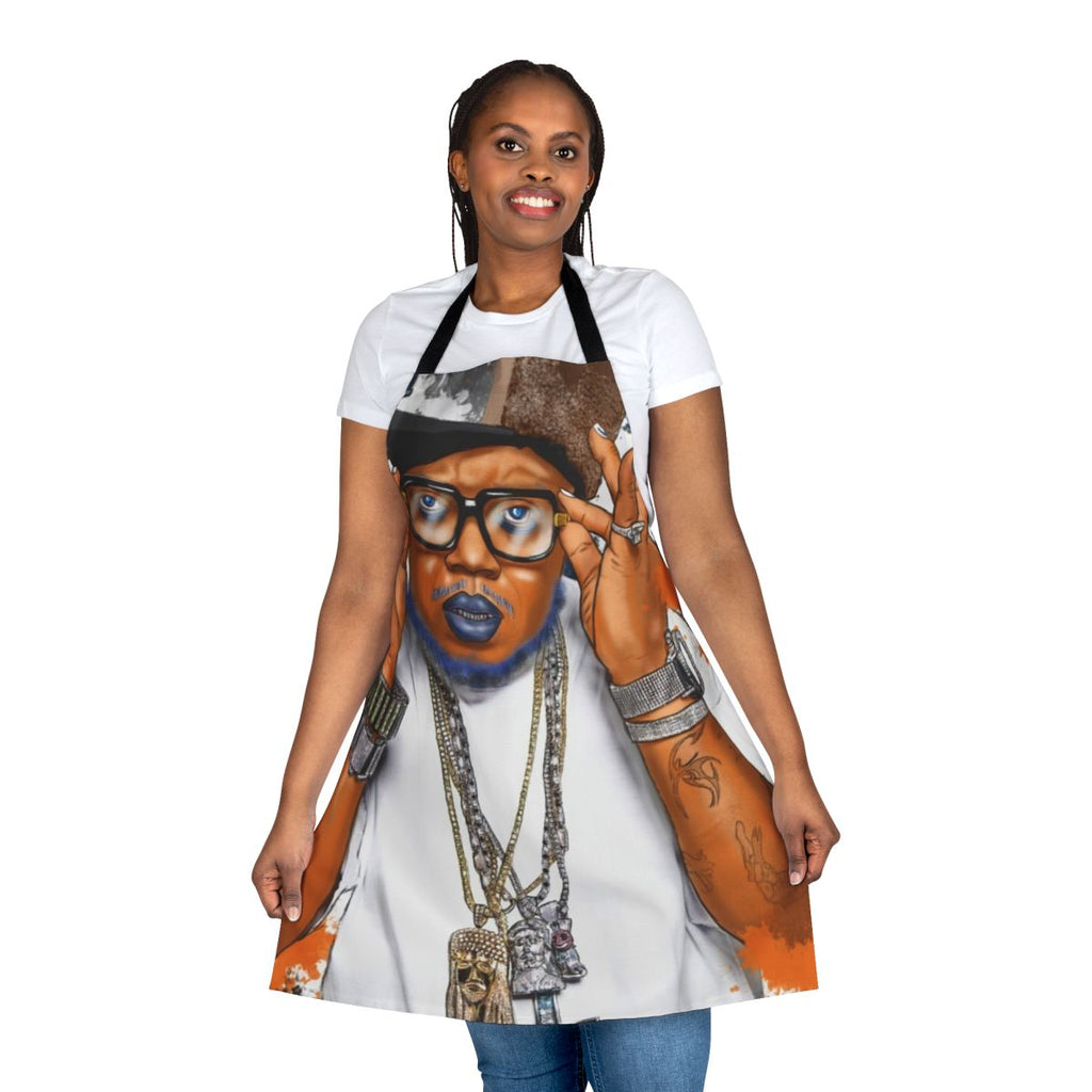 A colorful apron featuring a sketch-style portrait of the famous rapper Twista