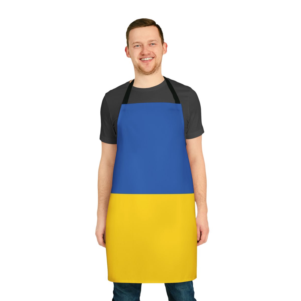A durable apron featuring the striking blue and yellow colors of the Ukrainian flag.