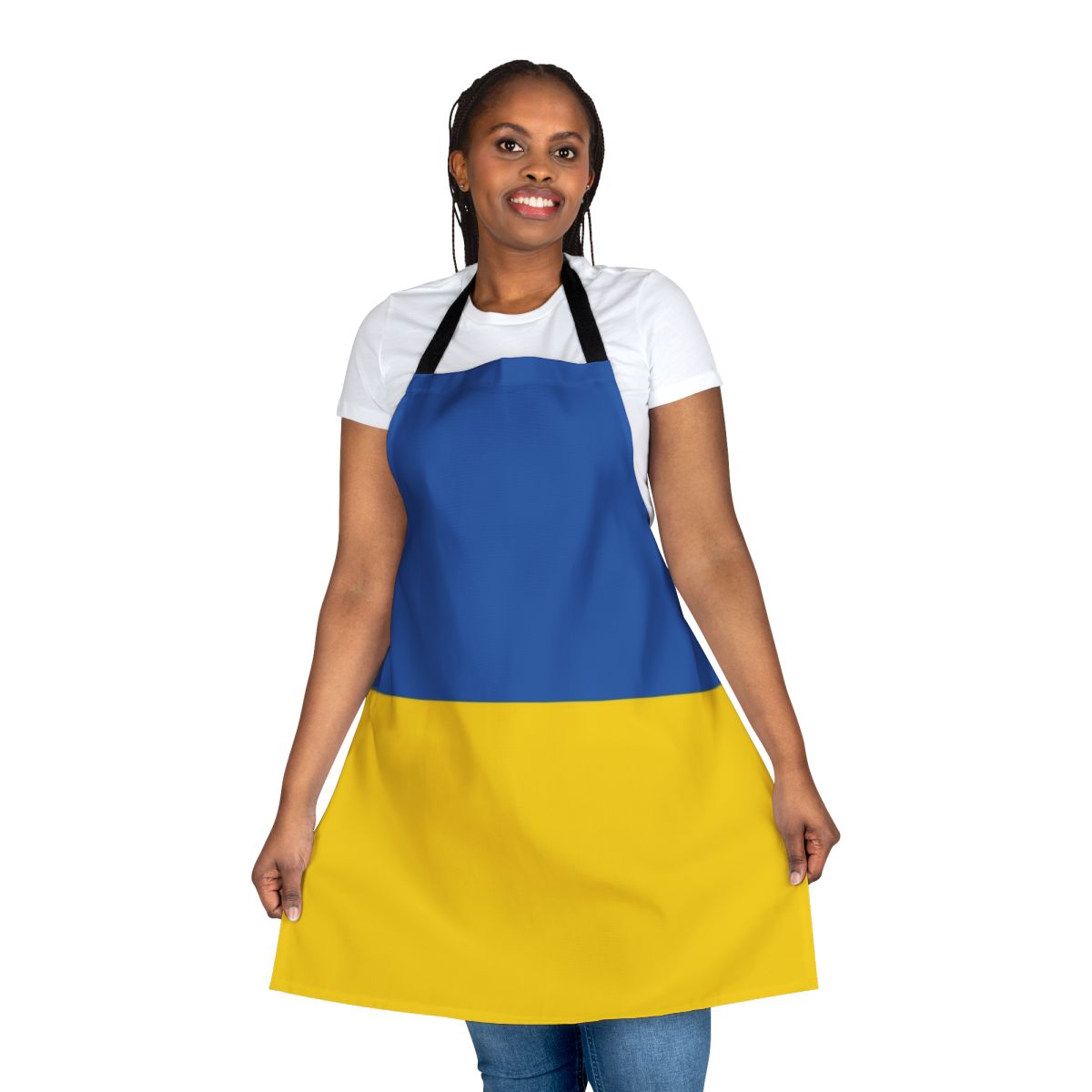 A durable apron featuring the striking blue and yellow colors of the Ukrainian flag.