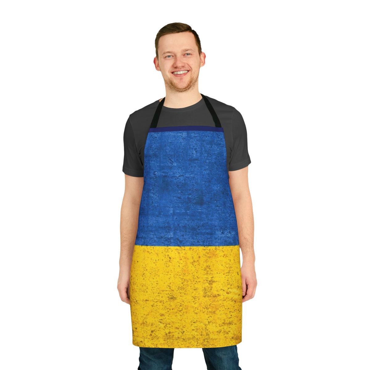 Apron featuring the blue and yellow flag of Ukraine, a symbol of Ukrainian patriotism and solidarity.