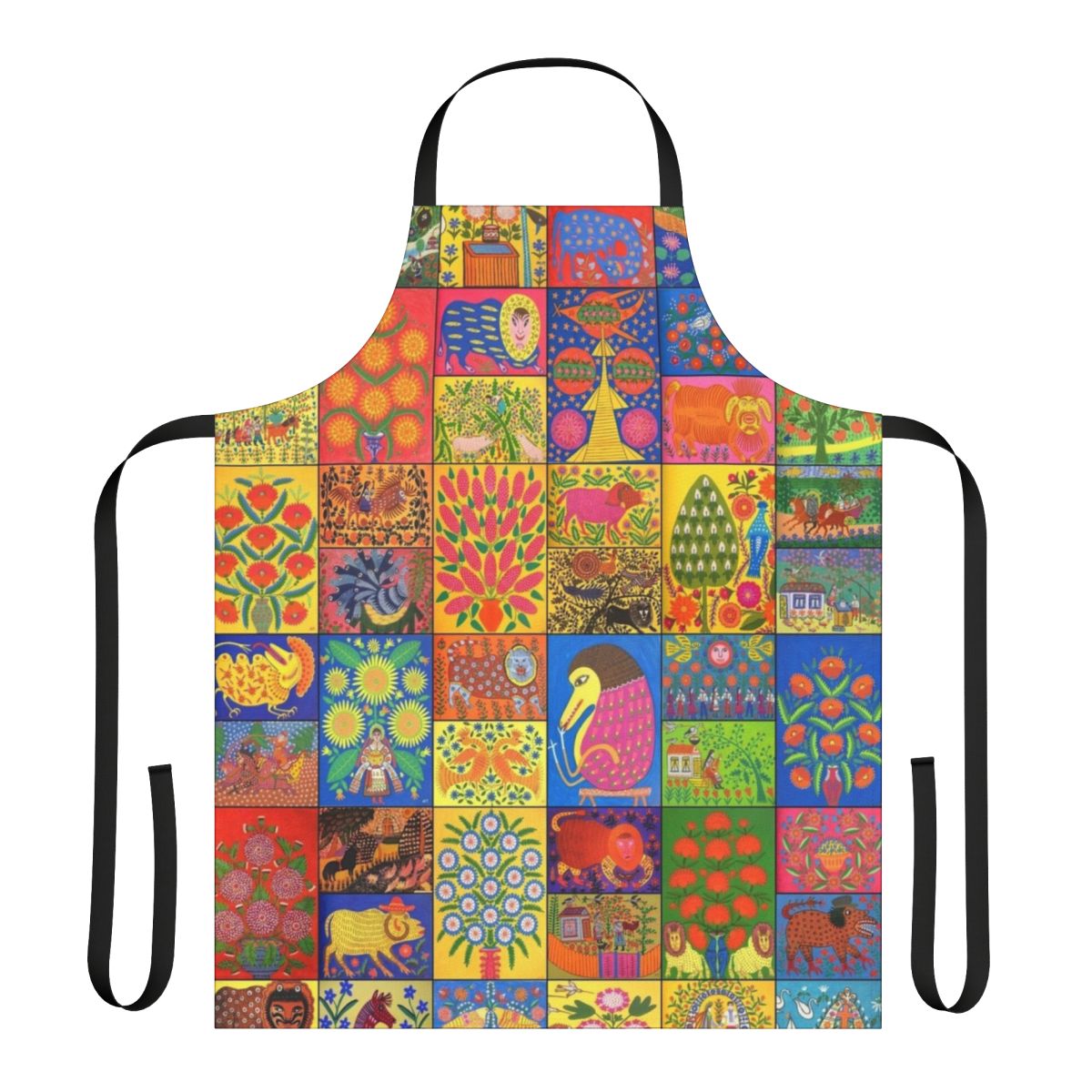 Colorful apron featuring the distinctive folk art paintings of renowned Ukrainian artist Maria Pryimachenko