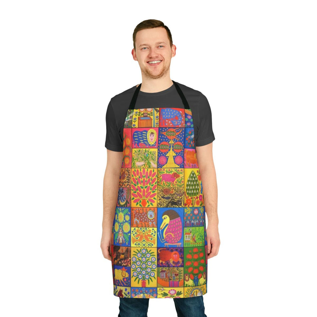 Colorful apron featuring the distinctive folk art paintings of renowned Ukrainian artist Maria Pryimachenko