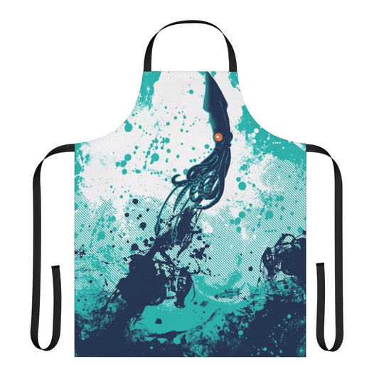 Colorful apron featuring a whimsical squid splash design, perfect for the ocean-lover
