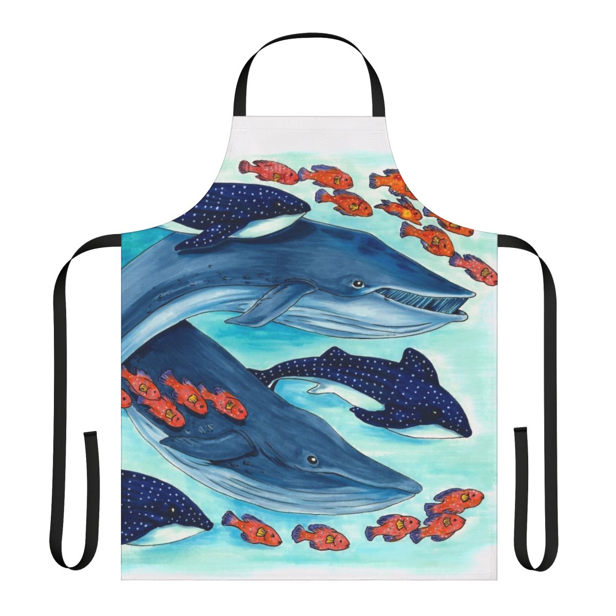 Colorful apron featuring illustrations of a blue whale, whale shark, and other marine animals swimming in the ocean